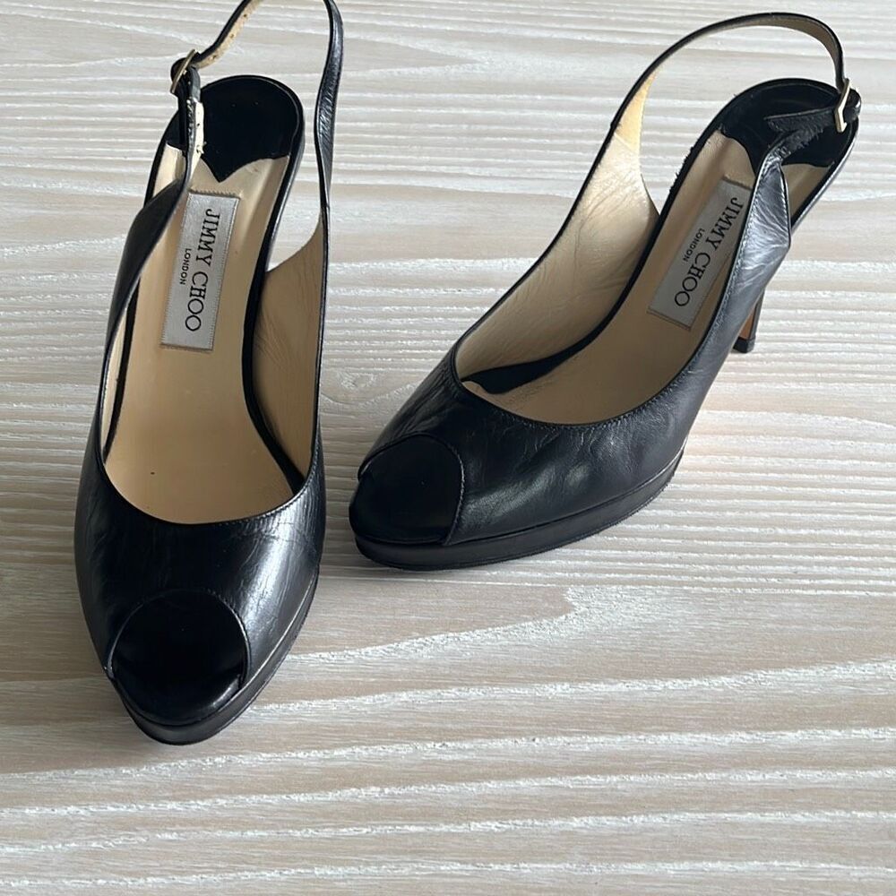 Jimmy Choo Nova Peep-Toe Leather Slingback Platform Pumps Black size 39